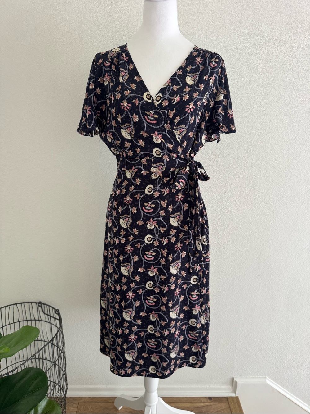 maitai Dark Navy Midi Wrap Dress with Pink and Cream Floral Print